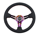 NRG Reinforced Steering Wheel (350mm / 3in. Deep) Blk Leather/Red Stitch w/Neochrome Slits-1