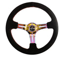 NRG Reinforced Steering Wheel (350mm / 3in. Deep) Blk Suede/Red Stitch w/Neochrome Slits-1