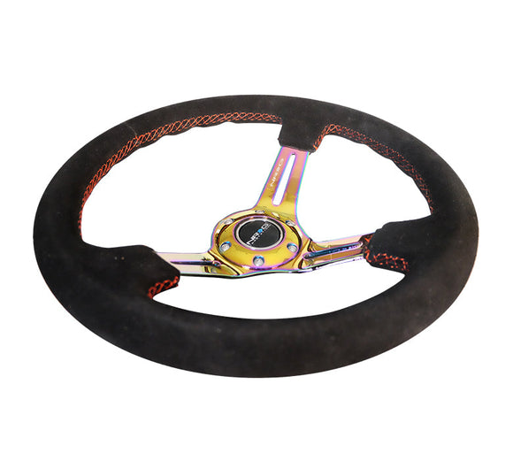 NRG Reinforced Steering Wheel (350mm / 3in. Deep) Blk Suede/Red Stitch w/Neochrome Slits