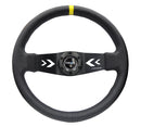 NRG Reinforced Steering Wheel (350mm / 3in Deep) Blk Leather w/NRG Arrow-Cut 2-Spoke & Sgl Yellow CM-1