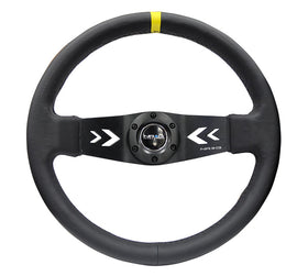 NRG Reinforced Steering Wheel (350mm / 3in Deep) Blk Leather w/NRG Arrow-Cut 2-Spoke & Sgl Yellow CM