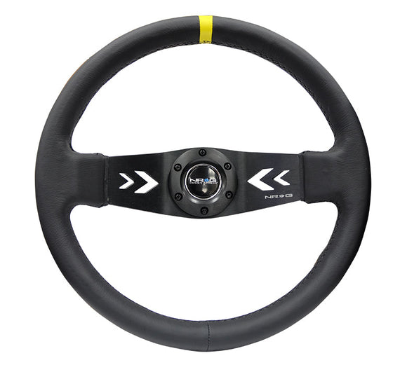 NRG Reinforced Steering Wheel (350mm / 3in Deep) Blk Leather w/NRG Arrow-Cut 2-Spoke & Sgl Yellow CM
