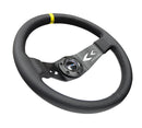 NRG Reinforced Steering Wheel (350mm / 3in Deep) Blk Leather w/NRG Arrow-Cut 2-Spoke & Sgl Yellow CM-3