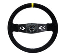 NRG Reinforced Steering Wheel (350mm / 3in. Deep) Blk Suede w/NRG Arrow Cut 2-Spoke & Yellow Mark-1