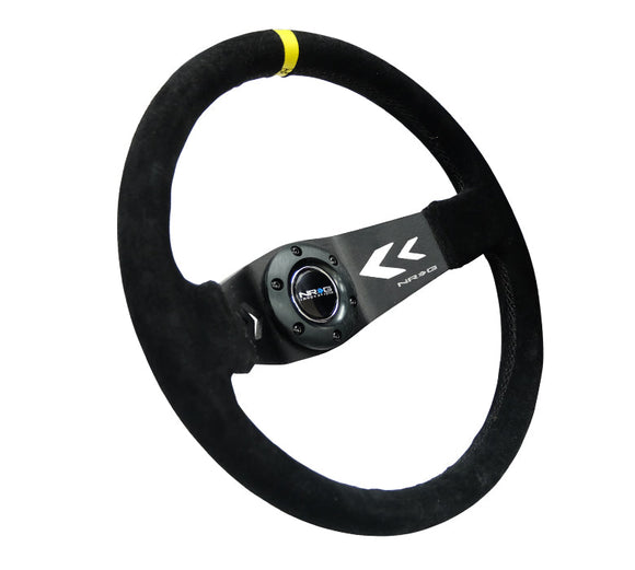 NRG Reinforced Steering Wheel (350mm / 3in. Deep) Blk Suede w/NRG Arrow Cut 2-Spoke & Yellow Mark