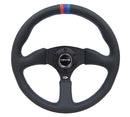 NRG Reinforced Steering Wheel (350mm / 2.5in Deep) Blk Leather w/M3 stitch Matte Blk 3-Spoke Center-1