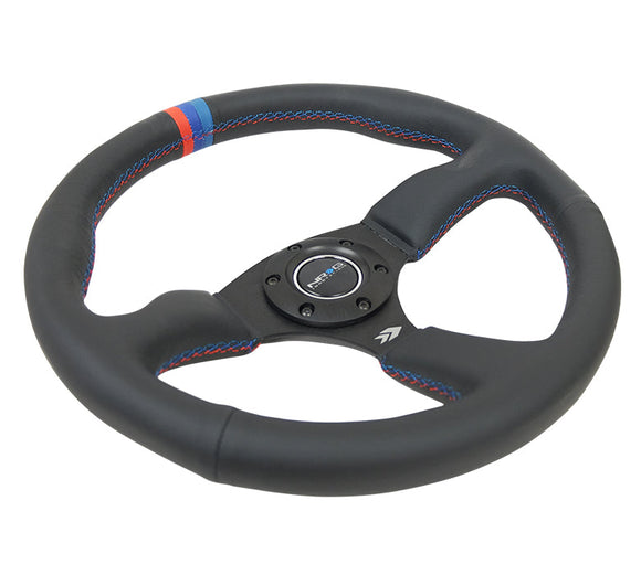 NRG Reinforced Steering Wheel (350mm / 2.5in Deep) Blk Leather w/M3 stitch Matte Blk 3-Spoke Center