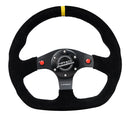 NRG Reinforced Steering Wheel (320mm) Sport Suede Dual Push Buttons Flat Bottom w/ Yellow Center-1