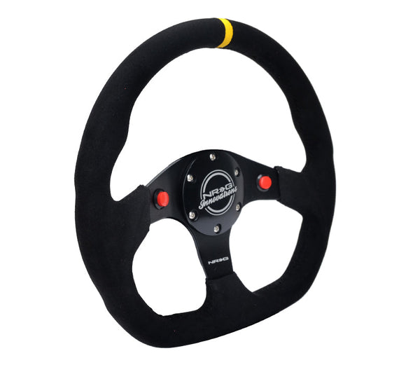 NRG Reinforced Steering Wheel (320mm) Sport Alcantara Dual Push Buttons Flat Bottom w/Yellow Center