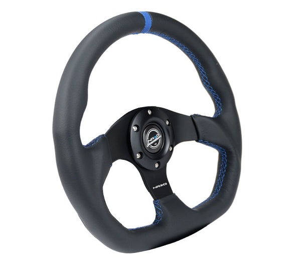 NRG Reinforced Steering Wheel (320mm) Sport Leather Flat Bottom w/ Blue Center/ Blue Stitching