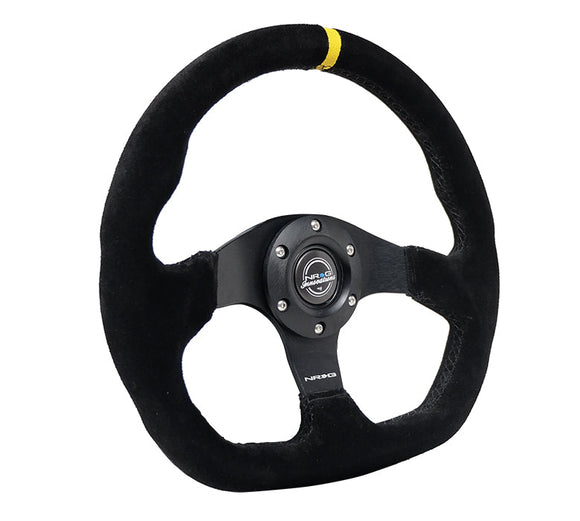 NRG Reinforced Steering Wheel (320mm) Sport Suede Flat Bottom w/ Yellow Center Mark