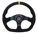 NRG Reinforced Steering Wheel (320mm) Sport Alcantara Flat Bottom w/ Yellow Center Mark-1