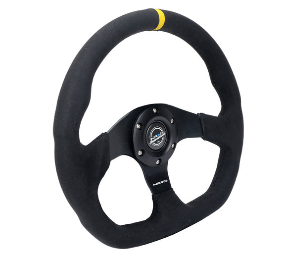 NRG Reinforced Steering Wheel (320mm) Sport Alcantara Flat Bottom w/ Yellow Center Mark