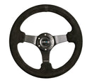 NRG Reinforced Steering Wheel (330mm / 3in Deep) Blk Suede w/Criss Cross Stitch w/Blk 3-Spoke Center-1
