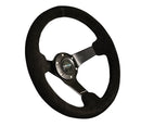NRG Reinforced Steering Wheel (330mm / 3in Deep) Blk Suede w/Criss Cross Stitch w/Blk 3-Spoke Center-2