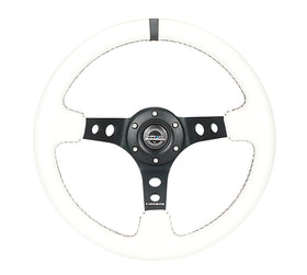 NRG Reinforced Steering Wheel (350mm/3in. Deep) White Leather w/Blk Spoke/Round Holes/White Stripes