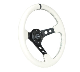 NRG Reinforced Steering Wheel (350mm/3in. Deep) White Leather w/Blk Spoke/Round Holes/White Stripes - 0