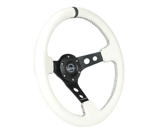 NRG Reinforced Steering Wheel (350mm/3in. Deep) White Leather w/Blk Spoke/Round Holes/White Stripes