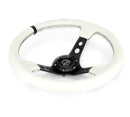 NRG Reinforced Steering Wheel (350mm/3in. Deep) White Leather w/Blk Spoke/Round Holes/White Stripes-3