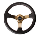 NRG Reinforced Steering Wheel (350mm / 3in. Deep) Blk Leather/Red BBall Stitch w/4mm Gold Spokes-1