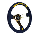 NRG Reinforced Steering Wheel (3in. Deep) UltraSlice Sig Blue Alcan, Gold Stich, Pizza Embroidery-1