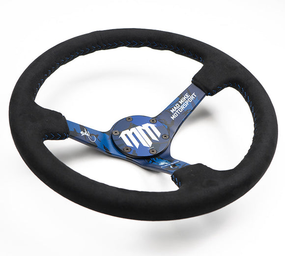 NRG Reinforced Steering Wheel (3in. Deep) Mad Mike/ 5mm Spoke /Alcantara Finish w/ Blue Stitching
