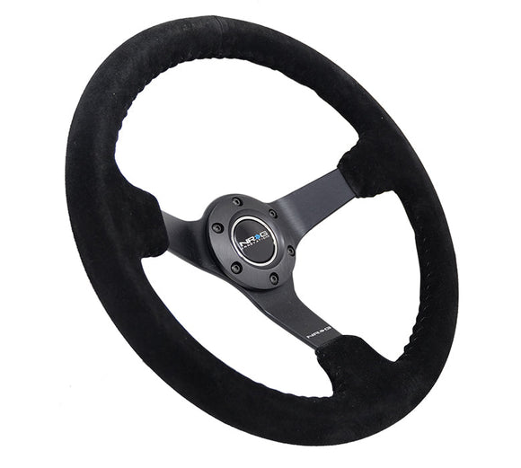 NRG Reinforced Steering Wheel (350mm / 3in. Deep) Blk Suede w/Blk BBall Stitch (Odi Bakchis Edition)