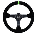 NRG Reinforced Steering Wheel 350mm/3in. Deep Blk Suede/ Neon Green Stitch w/5mm Matte Black Spoke-1