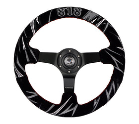 NRG Reinforced Steering Wheel (3in. Deep) Jeff Jones Sig Blk Suede, Red Stich, Car Livery Embroidery