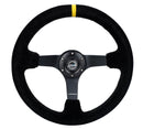 NRG Reinforced Steering Wheel (350mm / 3in. Deep) Blk Suede/X-Stitch w/5mm Blk Spoke & Yellow CM-1