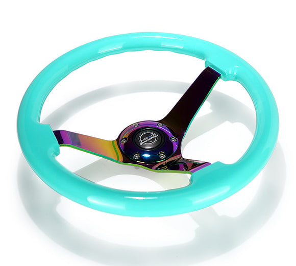 NRG Reinforc Steering Wheel (350mm / 3in. Deep) Minty Fresh Wood Grain w/Neochrome 3-Spoke Center