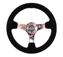 NRG Reinforced Steering Wheel (350mm) 3in Deep Pink Sakura Floral Solid Spoke - Black Suede/Stitch-1