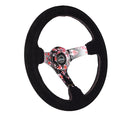NRG Reinforced Steering Wheel (350mm) 3in Deep Pink Sakura Floral Solid Spoke - Black Suede/Stitch-2