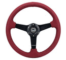 NRG Sport Wheel (350mm) 3 Solid Spokes - 1.5in Deep - Burgundy - Micro Suede - Black Stitching-1