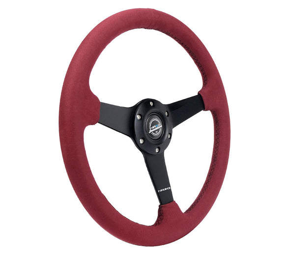 NRG Sport Wheel (350mm) 3 Solid Spokes - 1.5in Deep - Burgundy - Micro Suede - Black Stitching