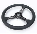 NRG Sport Steering Wheel (350mm/ 1.5in. Deep) Black Etched Spokes/ Black Leather w/ Black Stitch-3