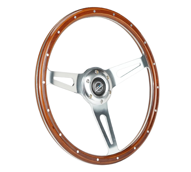 NRG Reinforced Steering Wheel (360mm) Dark Wood Grain w/Chrome 3-Spoke Center - 0