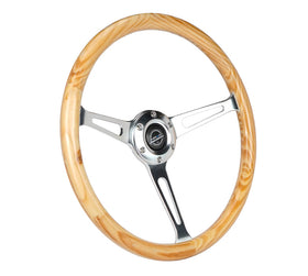 NRG Reinforced Steering Wheel (380mm) Light Wood Grain w/3-Spoke Center Shinny Chrome - 0
