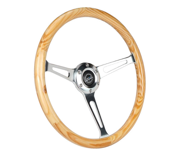 NRG Reinforced Steering Wheel (380mm) Light Wood Grain w/3-Spoke Center Shinny Chrome