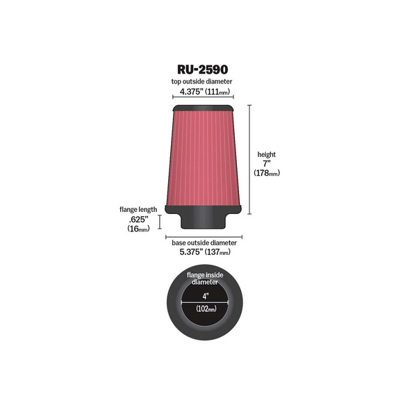 K&N Filter Universal Rubber Filter 4 inch Flange 5 3/8 inch Base 4 3/8 inch Top 7 inch Height