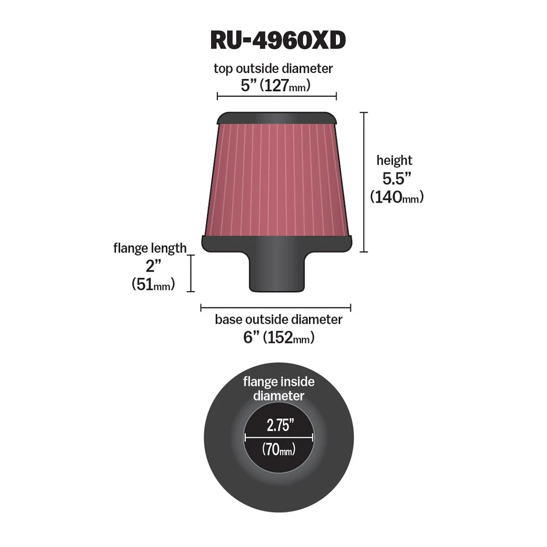 K&N Filter Universal Clamp-On Filter-Round Tapered 2.75in Flange ID x 6in Base OD x 5in Top OD - 0