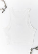 A white ribbed stretchy crop top with embroidery of a small RWB 930 911 Turbo - Akira Nakai "Stella Artois" on the front. Full size back view of the white shirt with an embroidered RWB 930 911 Turbo. Fabric composition of this top is 95% polyester, and 5% elastane. The material is very stretchy, and form fitting. The style of this shirt is scoop neck, sleeveless, cropped at the waist, with embroidery in the middle.