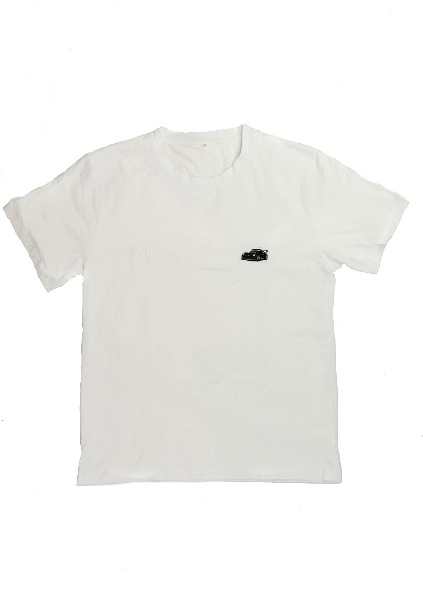 A white Porsche T-Shirt for men. Photo is a front view of the shirt with an embroidered RWB Porsche 930 911 Turbo Stella Artois. Fabric composition is 100% polyester. The material is very stretchy, soft, comfortable, breathable, and non-transparent. The style of this shirt is short sleeve, with a crewneck neckline.