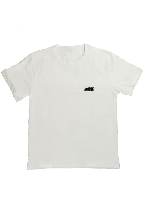 A white Porsche T-Shirt for men. Photo is a front view of the shirt with an embroidered RWB Porsche 930 911 Turbo Stella Artois. Fabric composition is 100% polyester. The material is very stretchy, soft, comfortable, breathable, and non-transparent. The style of this shirt is short sleeve, with a crewneck neckline.