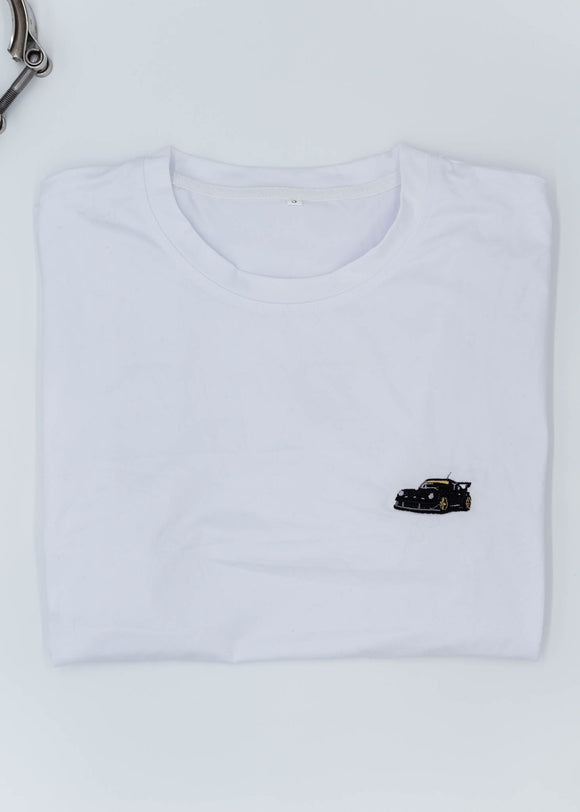 A white Porsche T-Shirt for men. Photo is a front view of the shirt with an embroidered RWB Porsche 930 911 Turbo Stella Artois. Fabric composition is 100% polyester. The material is very stretchy, soft, comfortable, breathable, and non-transparent. The style of this shirt is short sleeve, with a crewneck neckline.