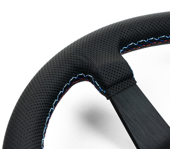 Renown Time Trial Motorsport Black Perforated Leather TriColor Stitching Steering Wheel | TTMP