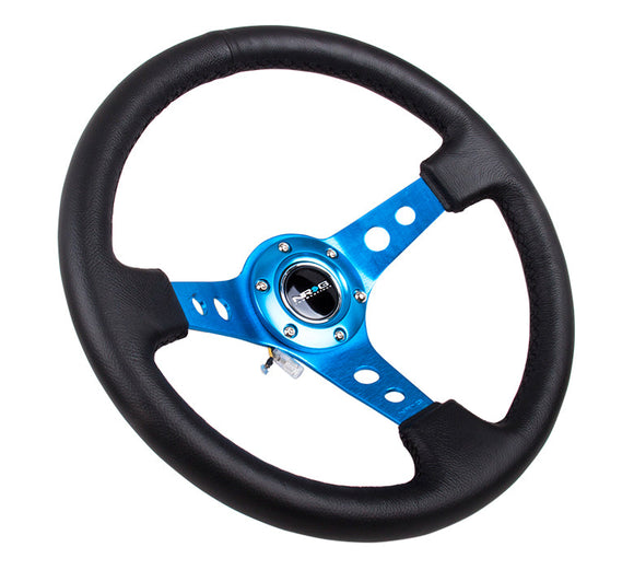 NRG Reinforced Steering Wheel (350mm / 3in. Deep) Blk Leather w/Blue Circle Cutout Spokes