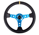 NRG Reinforced Steering Wheel (350mm / 3in. Deep) Blk Leather w/Blue Cutout Spoke & Single Yellow CM-1