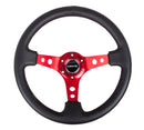 NRG Reinforced Steering Wheel (350mm / 3in. Deep) Blk Leather w/Red Circle Cutout Spokes-1