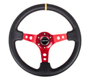 NRG Reinforced Steering Wheel (350mm / 3in. Deep) Blk Leather w/Red Spokes & Sgl Yellow Center Mark-1